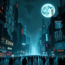 A stunning cyberpunk cityscape at night, illuminated by neon lights, with towering skyscrapers featuring intricate holographic displays