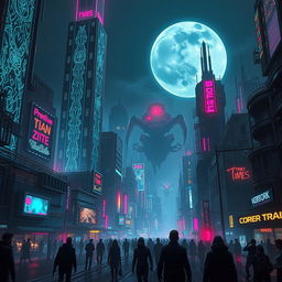 A stunning cyberpunk cityscape at night, illuminated by neon lights, with towering skyscrapers featuring intricate holographic displays