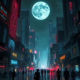 A stunning cyberpunk cityscape at night, illuminated by neon lights, with towering skyscrapers featuring intricate holographic displays