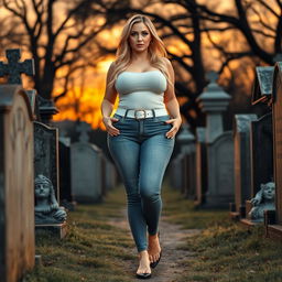 A beautiful and stunning hourglass-shaped woman with medium breasts, very wide, bulging hips, thick round thighs, and long, shapely legs