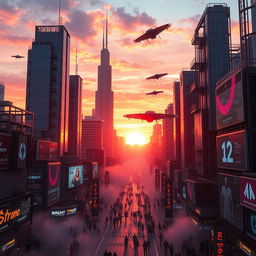 A breathtaking cyberpunk city at sunrise, with the sky painted in vibrant shades of orange, pink, and purple as the sun rises over the horizon