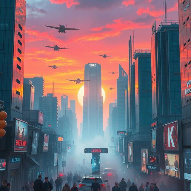 A breathtaking cyberpunk city at sunrise, with the sky painted in vibrant shades of orange, pink, and purple as the sun rises over the horizon