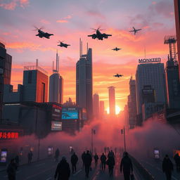 A breathtaking cyberpunk city at sunrise, with the sky painted in vibrant shades of orange, pink, and purple as the sun rises over the horizon