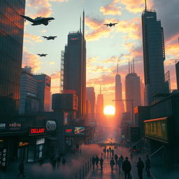 A breathtaking cyberpunk city at sunrise, with the sky painted in vibrant shades of orange, pink, and purple as the sun rises over the horizon
