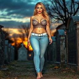 A beautiful and stunning shapely woman with medium breasts, very wide, bulging hips, thick round thighs, and long, shapely legs, showcasing her bare feet