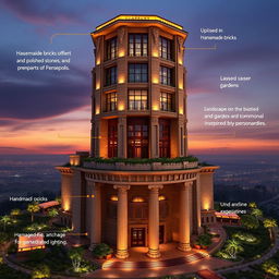 A 20-story tower designed with a blend of Achaemenid architecture and modern elements, featuring handmade bricks and polished stones reminiscent of Persepolis