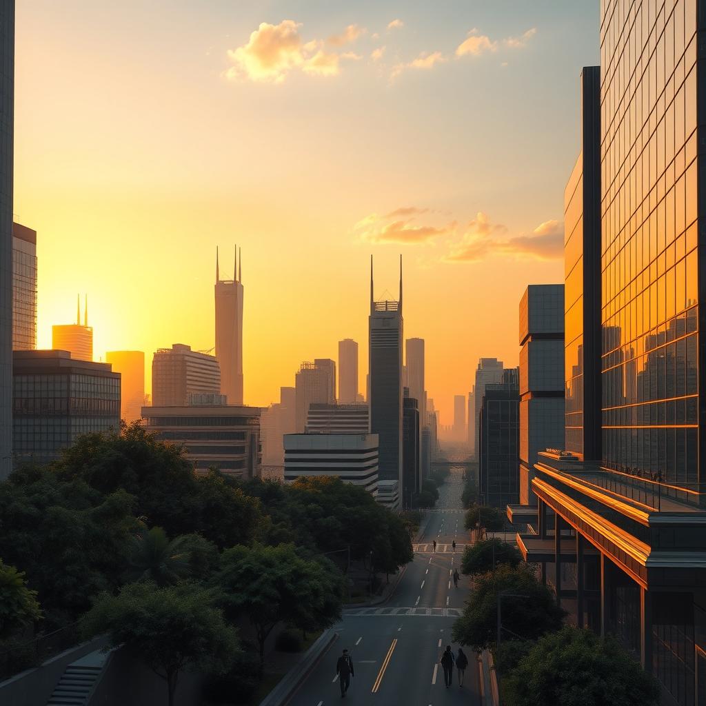 A serene cyberpunk city at sunrise, showcasing a calm and pristine atmosphere