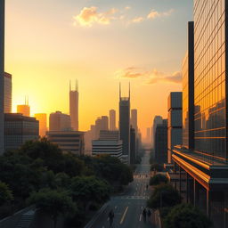A serene cyberpunk city at sunrise, showcasing a calm and pristine atmosphere