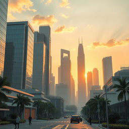 A serene cyberpunk city at sunrise, showcasing a calm and pristine atmosphere