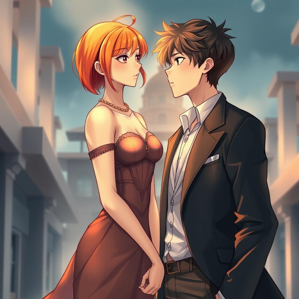 A depiction of a loving couple in a realistic style, set in a university environment