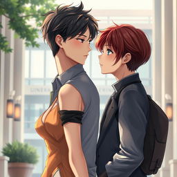 A depiction of a loving couple in a realistic style, set in a university environment