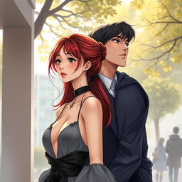 A depiction of a loving couple in a realistic style, set in a university environment