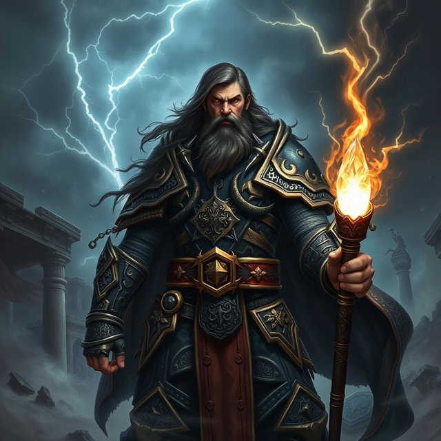 A powerful sorcerer warrior with long, dark hair and a thick beard, clad in intricate, dark armor that shimmers with mystical runes