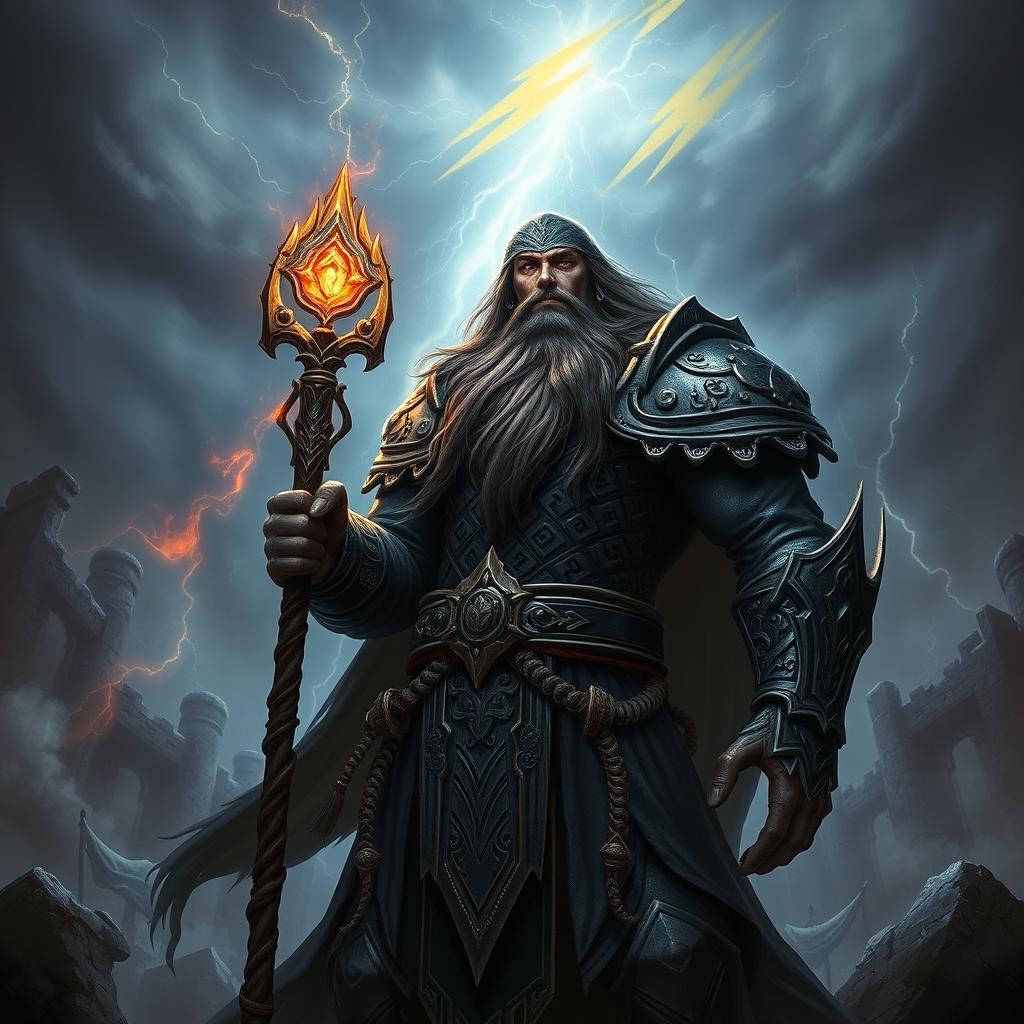 A powerful sorcerer warrior with long, dark hair and a thick beard, clad in intricate, dark armor that shimmers with mystical runes