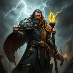 A powerful sorcerer warrior with long, dark hair and a thick beard, clad in intricate, dark armor that shimmers with mystical runes