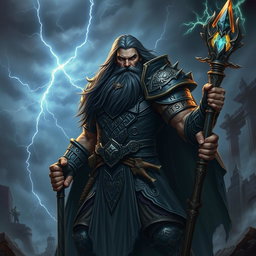 A powerful sorcerer warrior with long, dark hair and a thick beard, clad in intricate, dark armor that shimmers with mystical runes