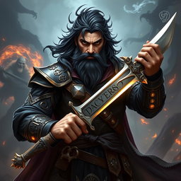 A powerful sorcerer warrior named Victros, showcasing his rugged features with dark hair and a thick beard