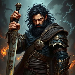 A powerful sorcerer warrior named Victros, showcasing his rugged features with dark hair and a thick beard