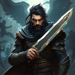 A powerful sorcerer warrior named Victros, showcasing his rugged features with dark hair and a thick beard