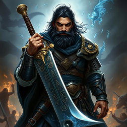 A powerful sorcerer warrior named Victros, showcasing his rugged features with dark hair and a thick beard