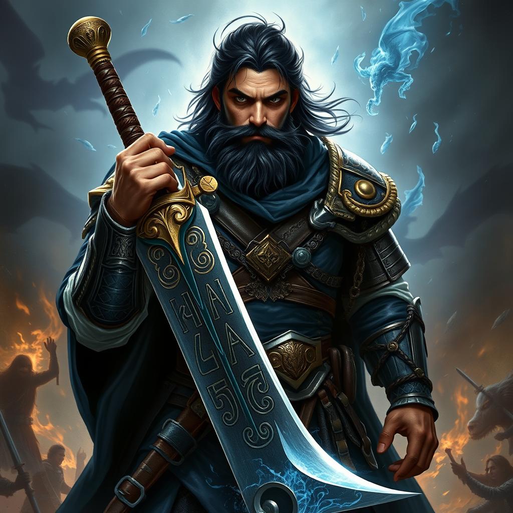 A powerful sorcerer warrior named Victros, showcasing his rugged features with dark hair and a thick beard