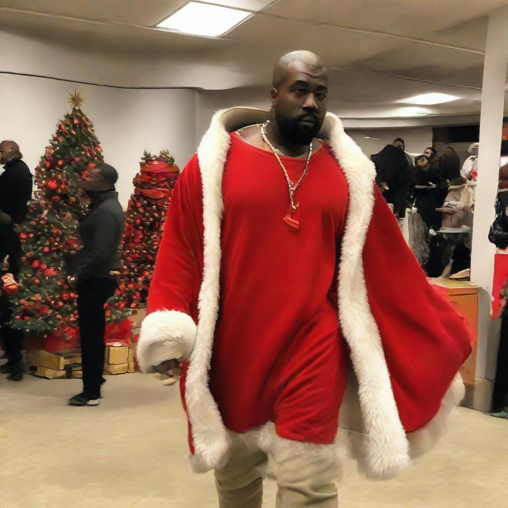 Kanye West dressed hilariously as Santa Claus, full of holiday spirit