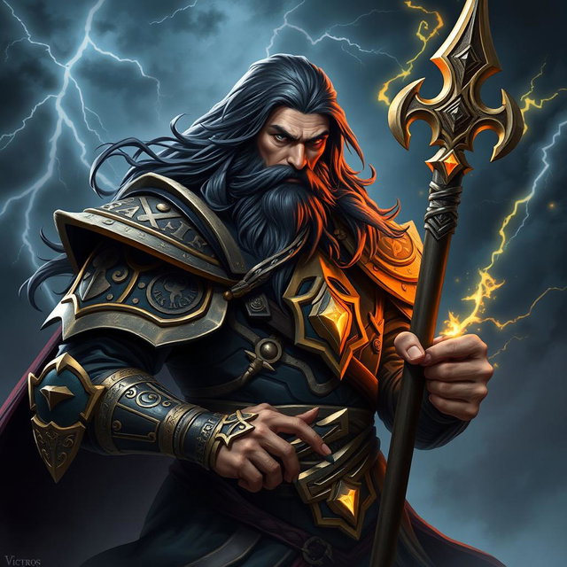 A powerful sorcerer warrior named Victros, showcasing his fierce appearance