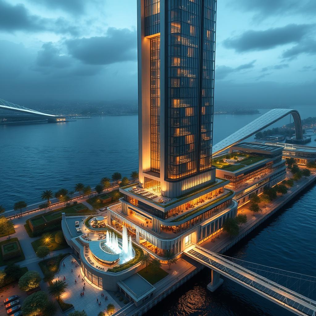 A modern skyscraper designed with sleek lines, 20 floors tall and reaching a height of 80 meters, located on the southern bank of a roaring river