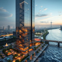 A modern skyscraper designed with sleek lines, 20 floors tall and reaching a height of 80 meters, located on the southern bank of a roaring river