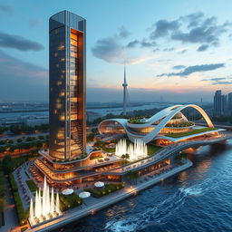 A modern skyscraper designed with sleek lines, 20 floors tall and reaching a height of 80 meters, located on the southern bank of a roaring river