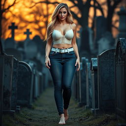 A beautiful and stunning shapely woman with medium breasts, very wide, bulging hips, thick round thighs, and long, shapely legs, showcasing her bare feet