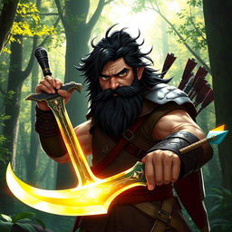 A character named Victros, a rugged ranger with dark hair and a thick beard, wielding a gleaming blade infused with magical energy