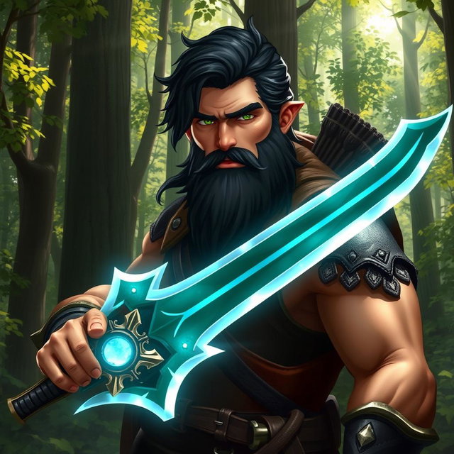 A character named Victros, a rugged ranger with dark hair and a thick beard, wielding a gleaming blade infused with magical energy