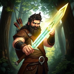 A character named Victros, a rugged ranger with dark hair and a thick beard, wielding a gleaming blade infused with magical energy