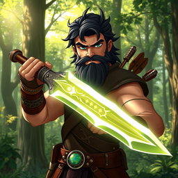A character named Victros, a rugged ranger with dark hair and a thick beard, wielding a gleaming blade infused with magical energy