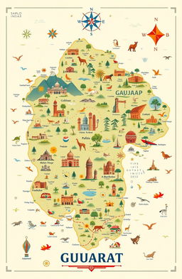 A highly detailed and artistic map of Gujarat, India