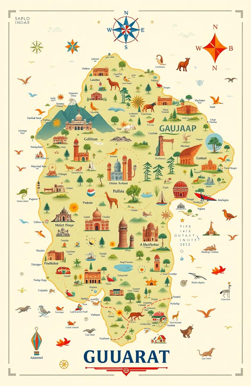 A highly detailed and artistic map of Gujarat, India