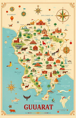 A highly detailed and artistic map of Gujarat, India