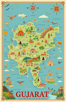 A highly detailed and artistic map of Gujarat, India