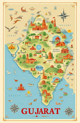 A highly detailed and artistic map of Gujarat, India