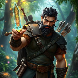 A fierce ranger named Victros, characterized by his dark hair and a well-groomed beard, stands poised with a magic-infused blade in his hand