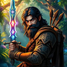 A fierce ranger named Victros, characterized by his dark hair and a well-groomed beard, stands poised with a magic-infused blade in his hand