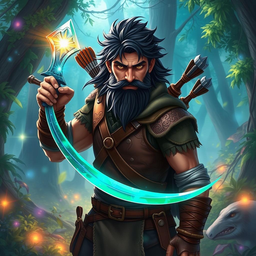 A fierce ranger named Victros, characterized by his dark hair and a well-groomed beard, stands poised with a magic-infused blade in his hand