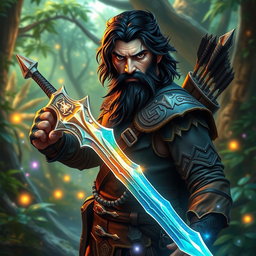 A fierce ranger named Victros, characterized by his dark hair and a well-groomed beard, stands poised with a magic-infused blade in his hand