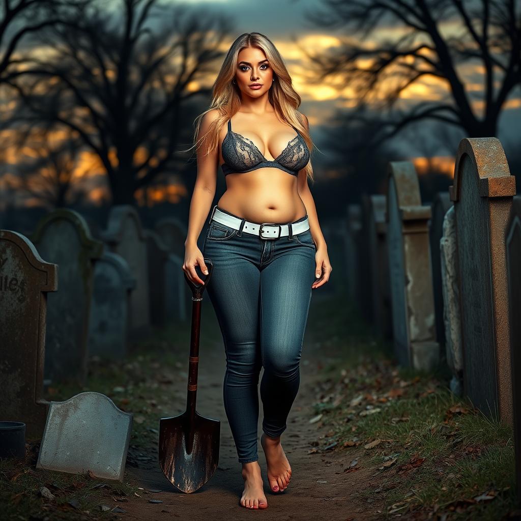 A beautiful and stunning shapely woman with medium breasts, very wide, bulging hips, thick round thighs, and long, shapely thick legs, showcasing her bare feet