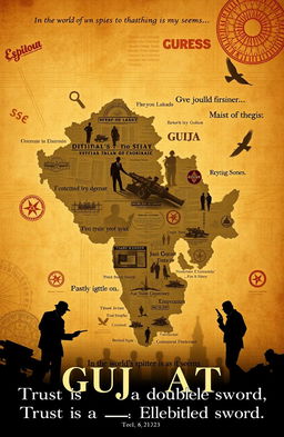 A visually striking image showcasing an artistic representation of the map of Gujarat, India, blending elements of espionage