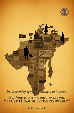 A visually striking image showcasing an artistic representation of the map of Gujarat, India, blending elements of espionage