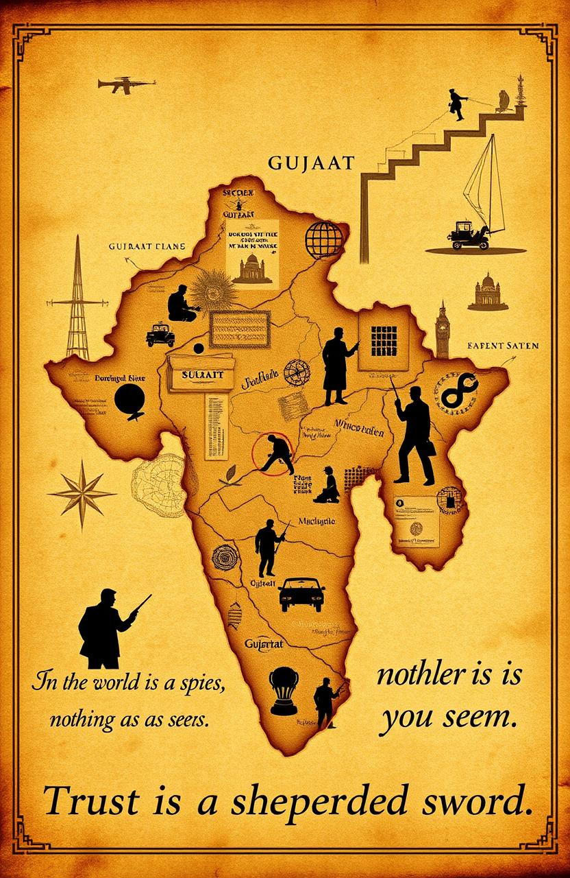 A visually striking image showcasing an artistic representation of the map of Gujarat, India, blending elements of espionage