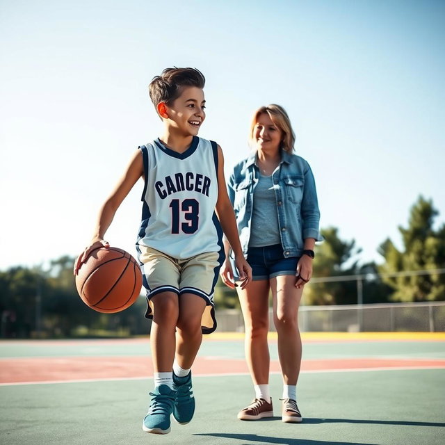 A girl playing basketball who is battling cancer, alongside her supportive friend