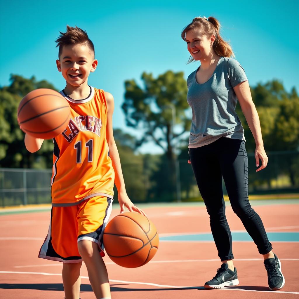 A girl playing basketball who is battling cancer, alongside her supportive friend